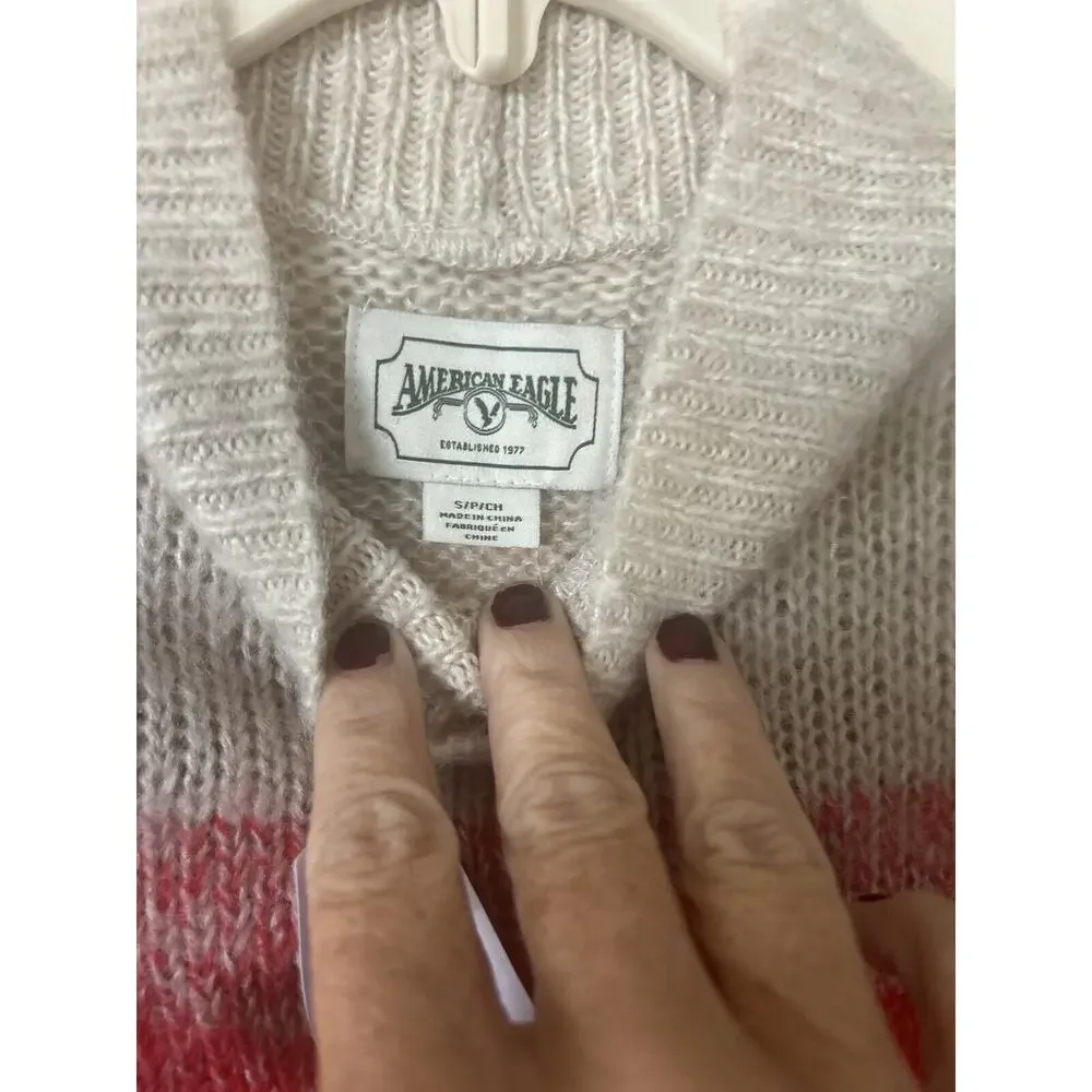 $60 NWT American Eagle Mock Neck Sweater Ombre Colorblock Cream Red Navy Size S - Picture 3 of 7